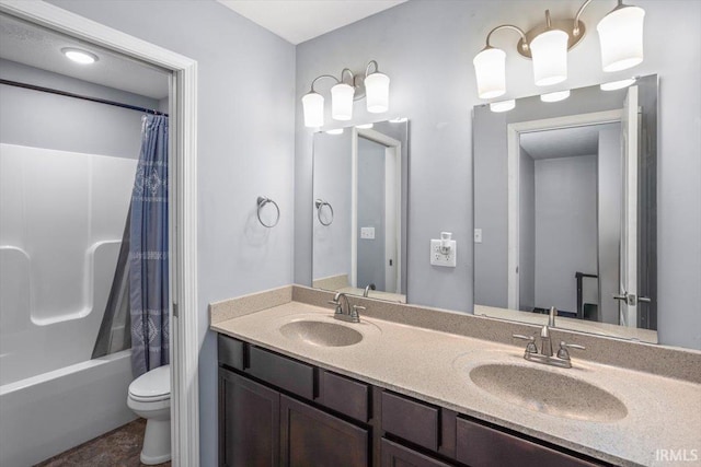 359 Limestone Ct, Lafayette, IN 47909 - bathroom with double vanity, toilet, a sink, and shower / bath combo