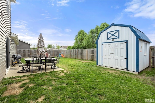 359 Limestone Ct, Lafayette, IN 47909 - view of yard featuring a patio, a fenced backyard, and a storage shed