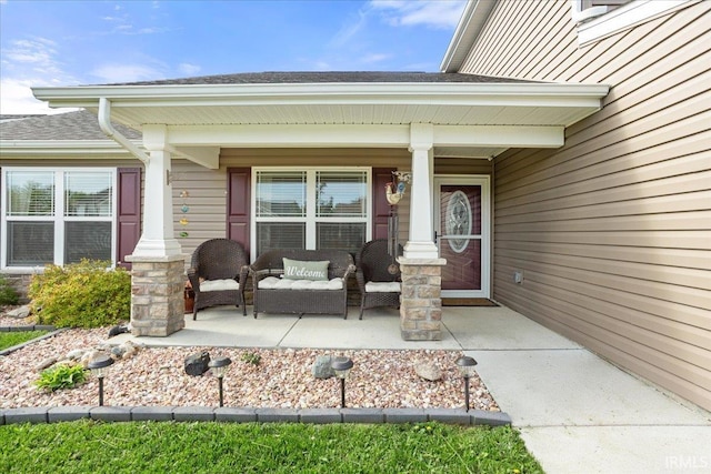 359 Limestone Ct, Lafayette, IN 47909 - doorway to property featuring covered porch and a shingled roof