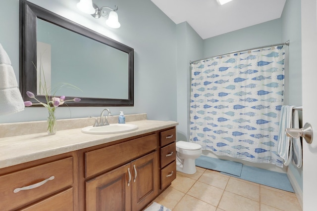 bathroom featuring toilet, shower / bath combination with curtain, tile patterned flooring, and vanity