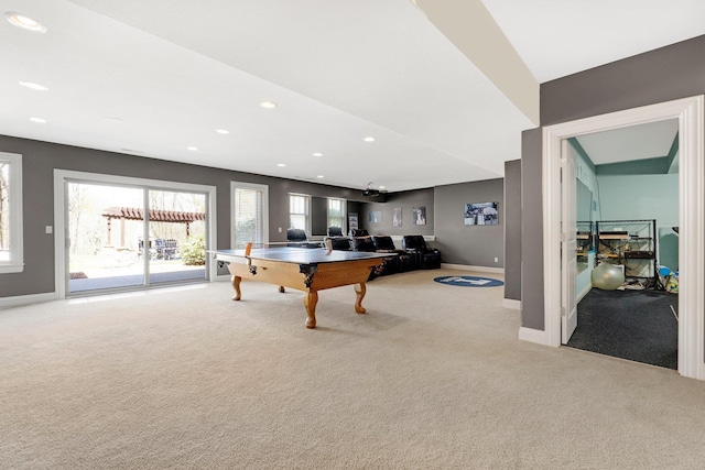 recreation room with baseboards, carpet, and recessed lighting
