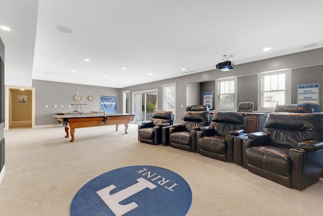 home theater room featuring carpet floors, recessed lighting, and billiards