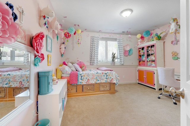 bedroom with light colored carpet