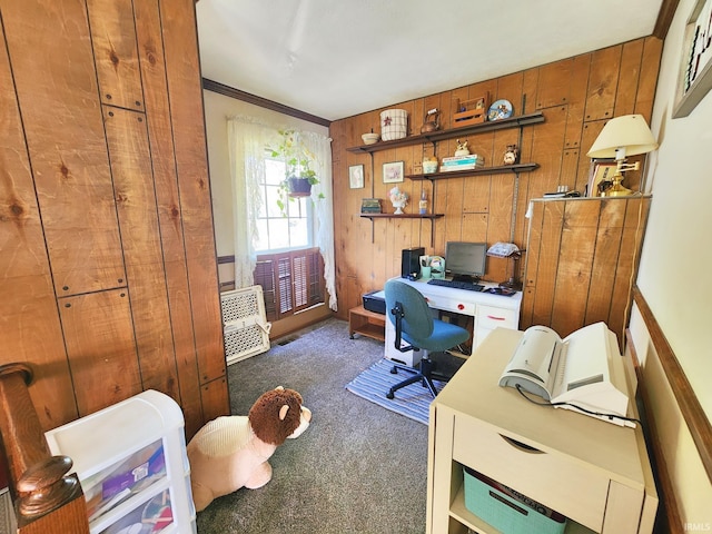 office area featuring wood walls and carpet