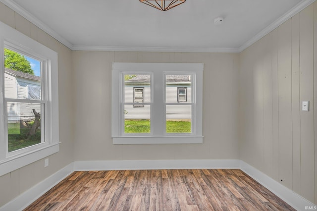 empty room featuring baseboards, ornamental molding, wood finished floors, and a wealth of natural light