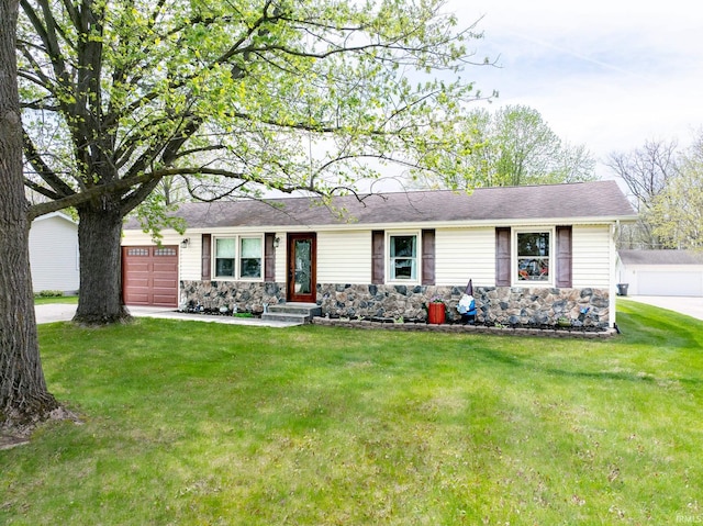 single story home with an attached garage, a front yard, and stone siding