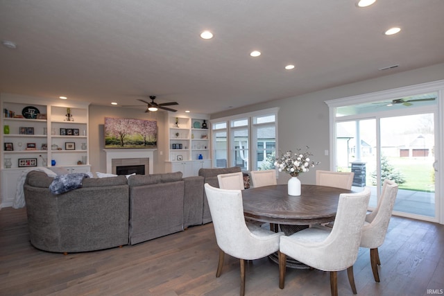 dining area with recessed lighting, ceiling fan, and wood finished floors