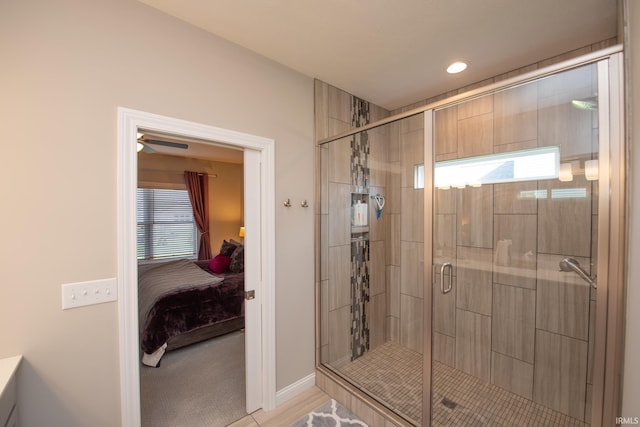 full bath with baseboards, ensuite bathroom, a shower stall, and recessed lighting