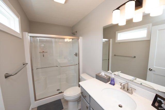 full bath with toilet, a shower stall, and vanity