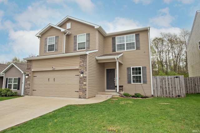 view of front of house featuring fence, an attached garage, concrete driveway, and a front yard