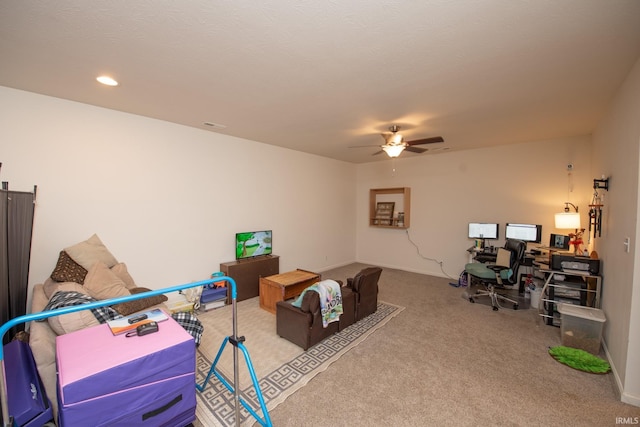 interior space with recessed lighting, ceiling fan, and visible vents