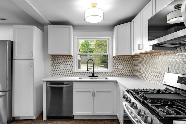 kitchen featuring decorative backsplash, light countertops, a sink, appliances with stainless steel finishes, and exhaust hood