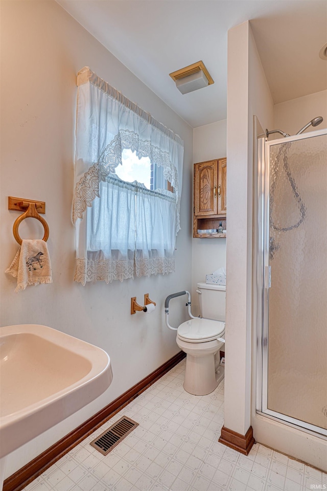 7001 Old Boonville Hwy, Evansville, IN 47715 - bathroom with visible vents, a shower stall, tile patterned floors, baseboards, and toilet