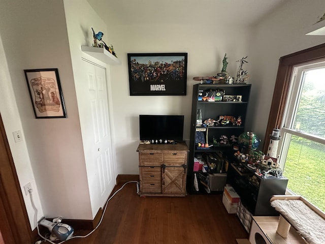 interior space with dark wood-style flooring