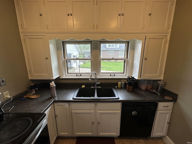 kitchen featuring electric range, a sink, white cabinetry, and black dishwasher