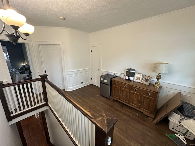 interior space featuring wainscoting, a textured ceiling, dark wood-style floors, and a decorative wall