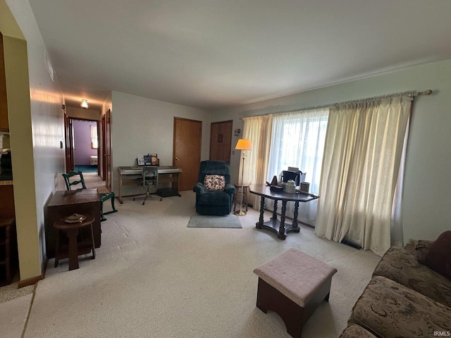 living room featuring light carpet