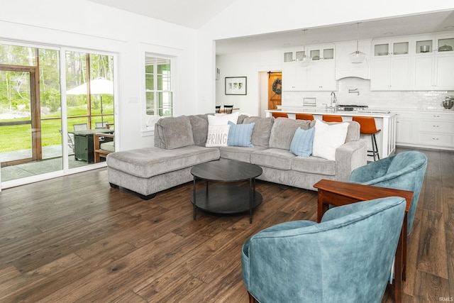 1284 E Zinnia Dr, Bloomington, IN 47401 - living room featuring dark wood-type flooring and vaulted ceiling