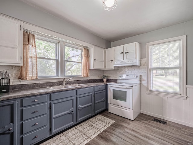 kitchen featuring visible vents, a sink, plenty of natural light, electric stove, and gray cabinetry