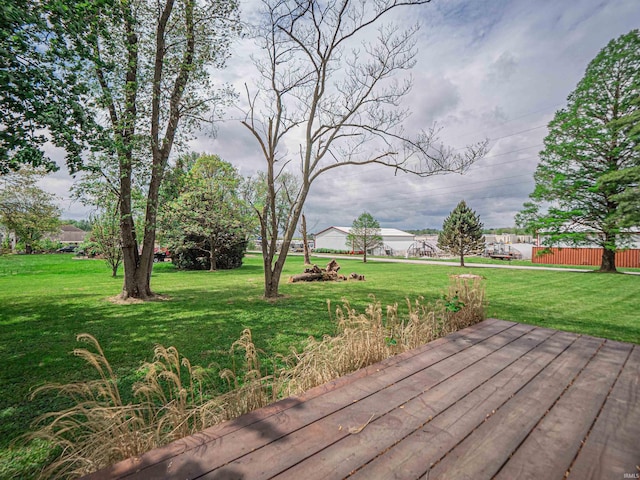 wooden deck featuring fence and a yard