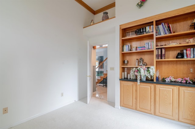 68106 Telegraph Ct, Lakeville, IN 46536 - interior space featuring crown molding, baseboards, light carpet, and stairs