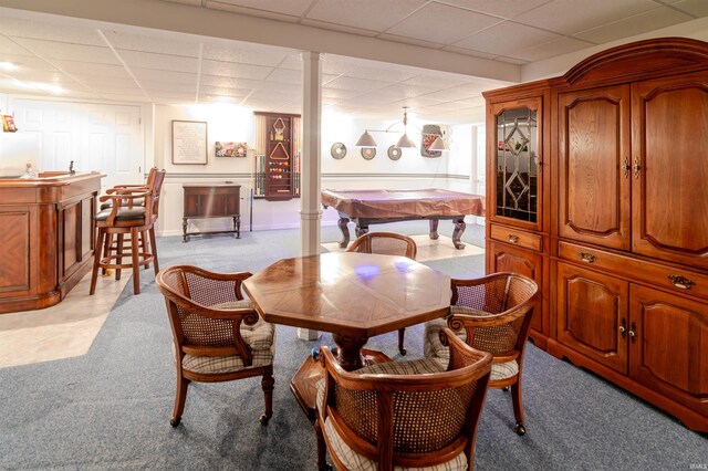 68106 Telegraph Ct, Lakeville, IN 46536 - dining area featuring light colored carpet, a paneled ceiling, pool table, and bar area