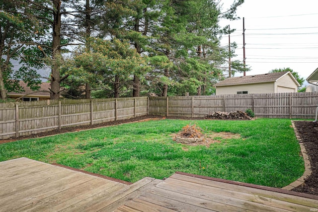 view of yard featuring a fenced backyard, an outdoor fire pit, and a wooden deck