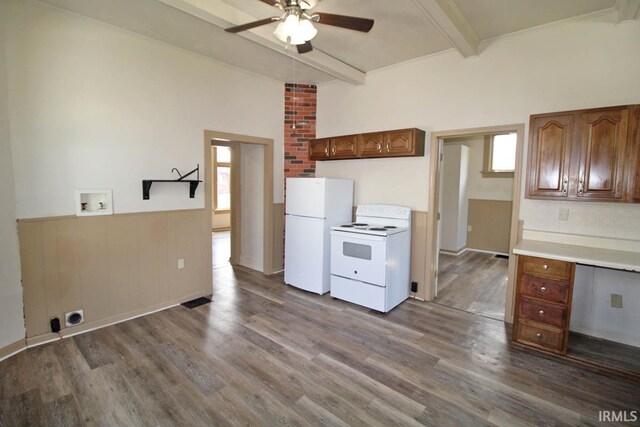 2813 W Franklin St, Evansville, IN 47712 - kitchen with ceiling fan, dark wood-style flooring, white appliances, and beam ceiling