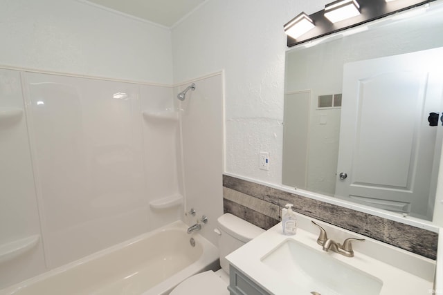 full bathroom featuring a textured wall, shower / tub combination, vanity, toilet, and visible vents