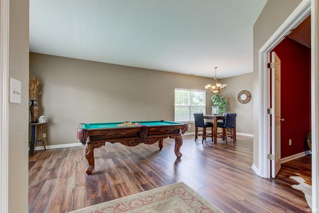 playroom with baseboards, pool table, a notable chandelier, and wood finished floors