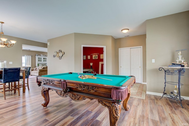 rec room featuring an inviting chandelier, billiards, baseboards, and wood finished floors