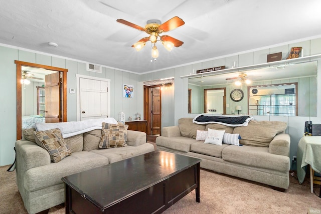 1901 Keck Ave, Evansville, IN 47711 - carpeted living room featuring a ceiling fan, visible vents, and ornamental molding