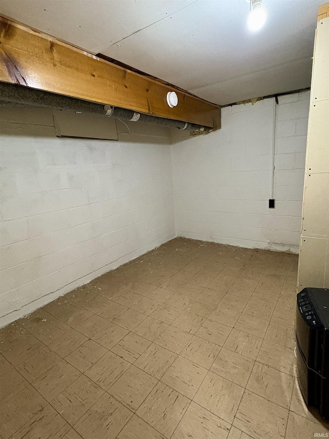 finished basement featuring concrete block wall