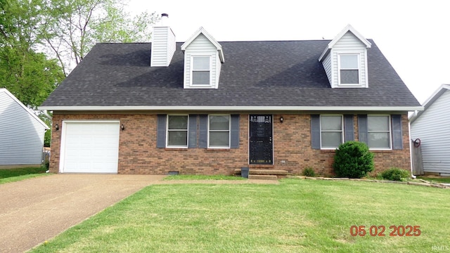 4214 Hunters Trce, Evansville, IN 47715 - cape cod-style house with a garage, a front yard, a chimney, brick siding, and concrete driveway