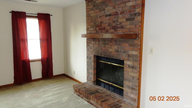 4214 Hunters Trce, Evansville, IN 47715 - unfurnished living room with carpet flooring, baseboards, visible vents, and a fireplace