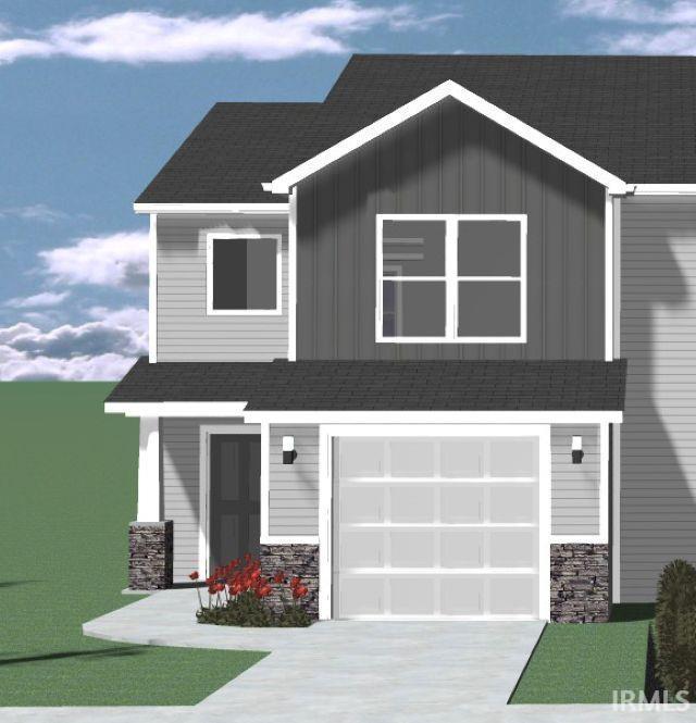 view of front facade with stone siding, a shingled roof, board and batten siding, concrete driveway, and an attached garage