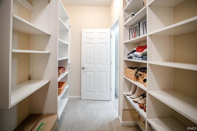 walk in closet with light carpet