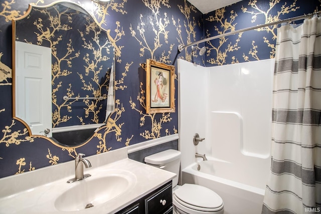 bathroom featuring vanity, toilet, wallpapered walls, and shower / bath combination with curtain