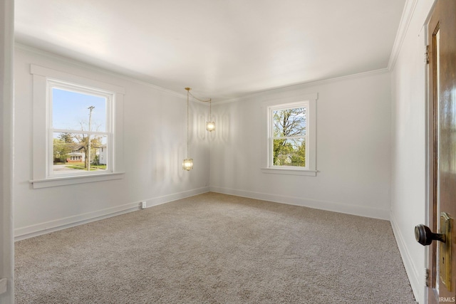 spare room featuring carpet floors, baseboards, and crown molding