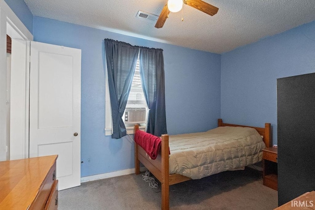 730 S Bell St, Kokomo, IN 46902 - bedroom with ceiling fan, a textured ceiling, visible vents, cooling unit, and carpet flooring