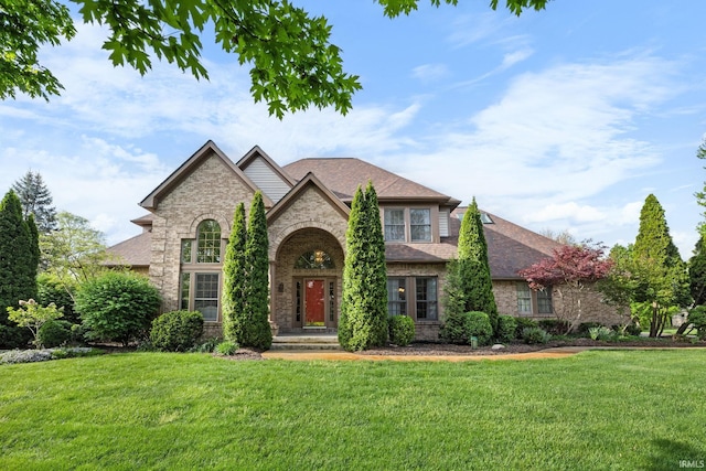 french country style house with brick siding, a shingled roof, stone siding, and a front yard