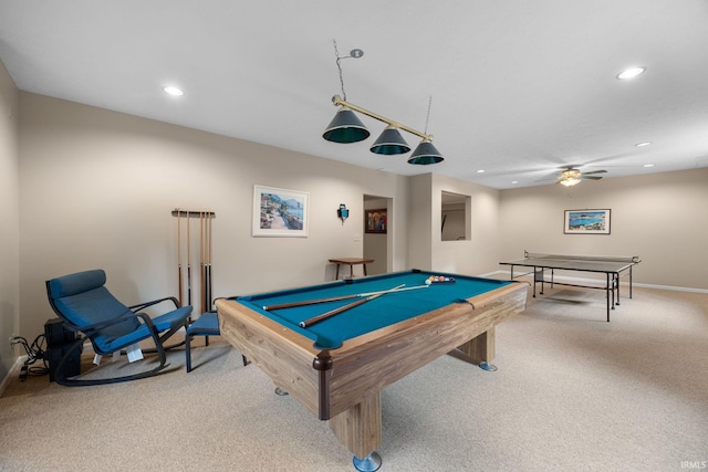 playroom featuring carpet floors, recessed lighting, baseboards, a ceiling fan, and pool table
