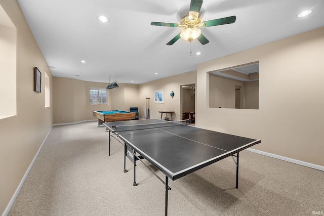 game room featuring baseboards, carpet flooring, recessed lighting, and billiards