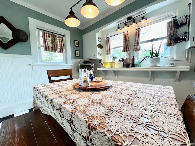 dining room with ornamental molding, wainscoting, and dark wood-style flooring