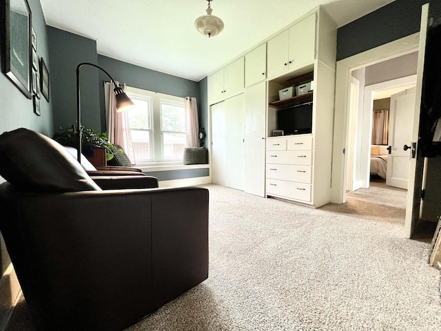 living area featuring light carpet