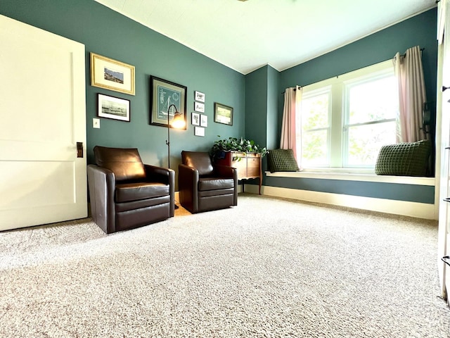 living area featuring carpet floors and baseboards
