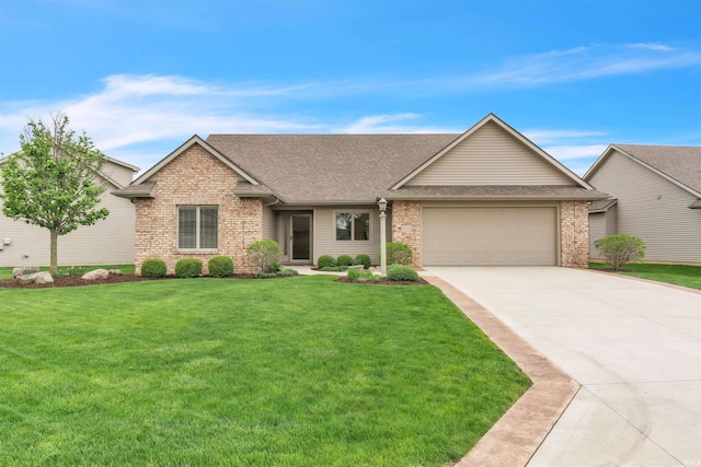 ranch-style home with roof with shingles, an attached garage, and brick siding