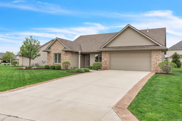 single story home featuring brick siding, an attached garage, and a shingled roof