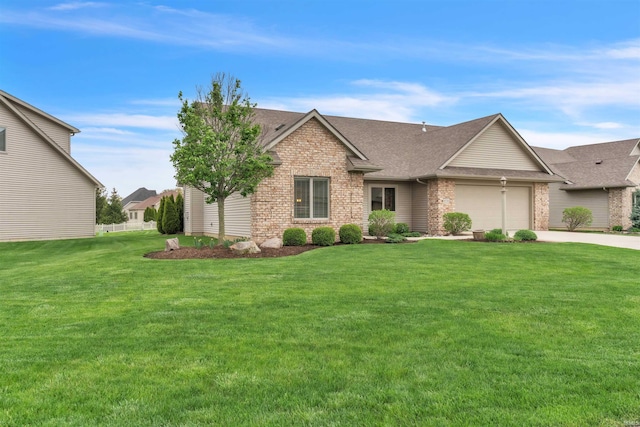 ranch-style house featuring an attached garage, driveway, a shingled roof, and a front yard
