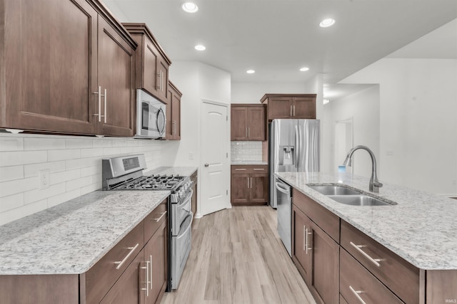 kitchen with recessed lighting, a sink, light wood-style flooring, backsplash, and stainless steel appliances